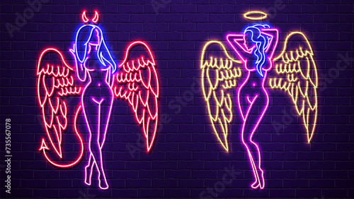 Neon sexy women and girls angel and devil in blue, pink, red and yellow on a purple brick wall background.
