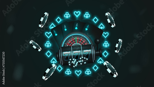 A web banner with poker cards, chips, dice, and a casino slot machine on the background of a neon frame of suits.