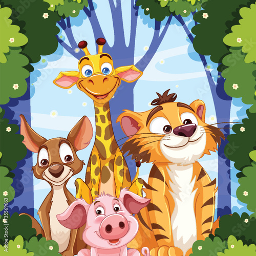 Cartoon animals smiling together in a lush forest