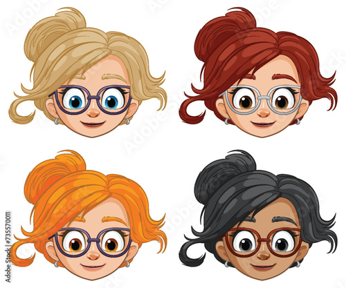 Four illustrated women with stylish eyewear and hairstyles.