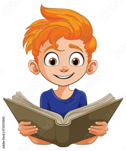 Animated child reading with interest and joy