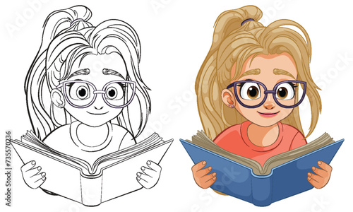 Colorful vector of a young girl reading intently
