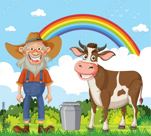 Cartoon of a cheerful farmer with his cow