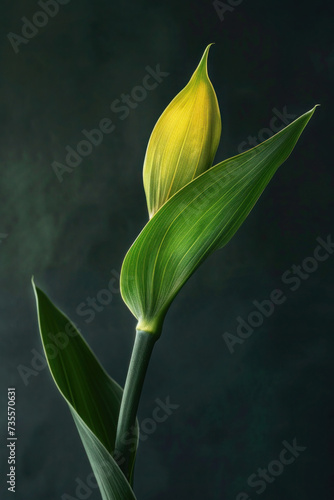 Vibrant Yellow Tulip Blossom in Isolated Black Background  Capturing the Beauty of Spring Nature with Blooming Flowers and Green Leaves
