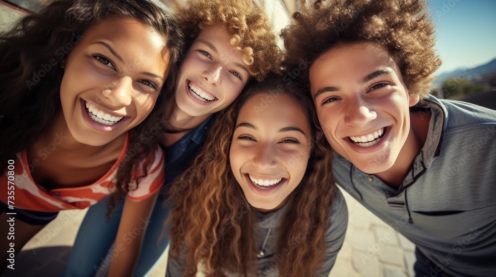 Group selfie of young friends having fun together 