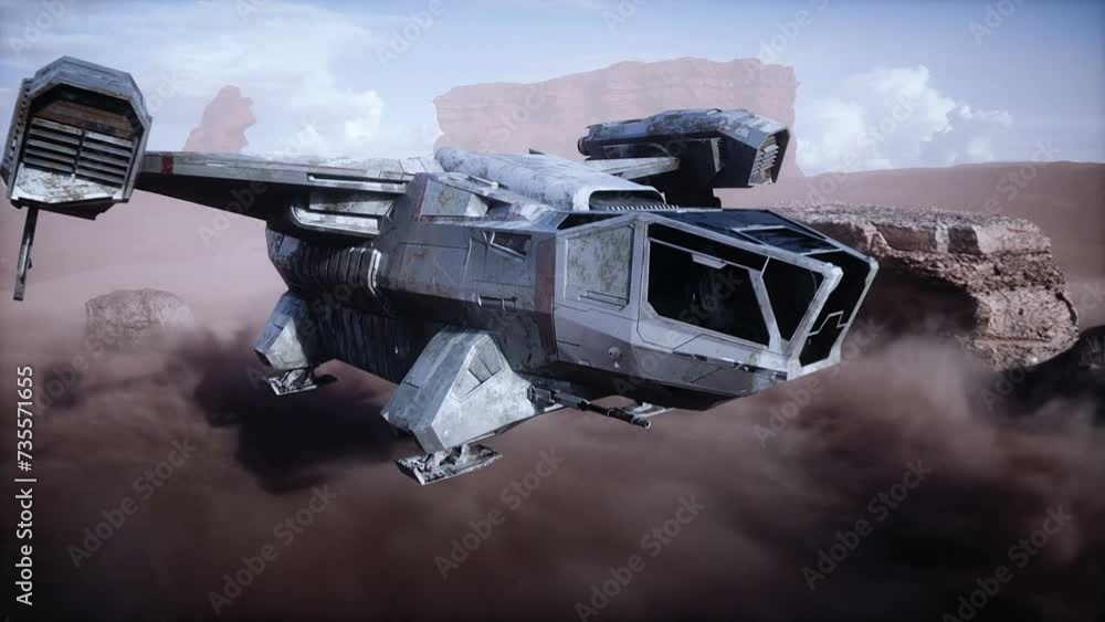 Flying futuristic spaceship on alien planet, Mars. Realistic 4k animation. Flying futuristic spaceship on alien planet, Mars. Realistic 4k animation.