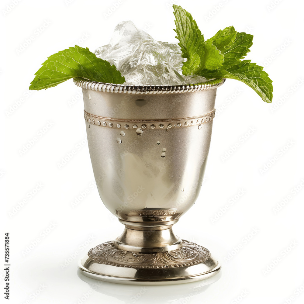 Mint Julep in a silver cup with fresh mint garnish and ice, Kentucky Derby classic, white background - obrazy, fototapety, plakaty 
