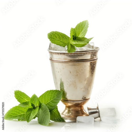 cocktail with mint - Mint Julep in a silver cup with fresh mint garnish and ice, Kentucky Derby classic, white background