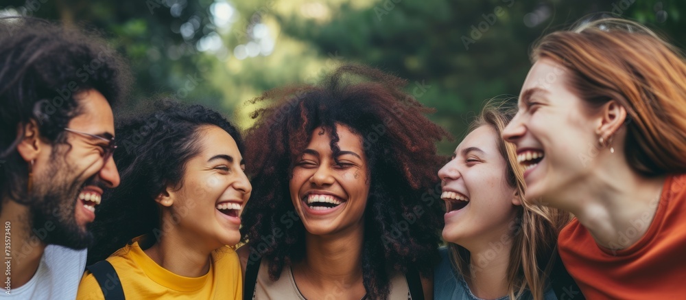 Fototapeta premium Diverse group of cheerful young people enjoying a lighthearted moment of laughter and camaraderie