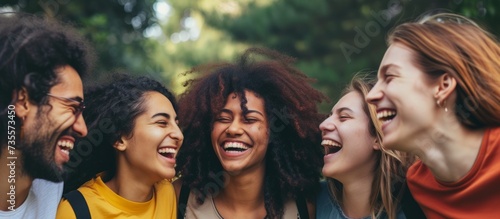 Diverse group of cheerful young people enjoying a lighthearted moment of laughter and camaraderie