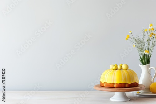 Traditional easter cake or sweet orthodox bread decorated with sugar glaze on light background. Kulich with spring flowers for menu or recipe. Easter treat, holiday symbol