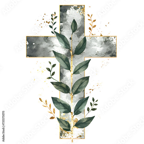 Golden christian cross with green leaves isolated on white background. Happy Easter holiday. Christian awakening life symbol. Religious concept. Design for banner, greeting card, poster, invitation