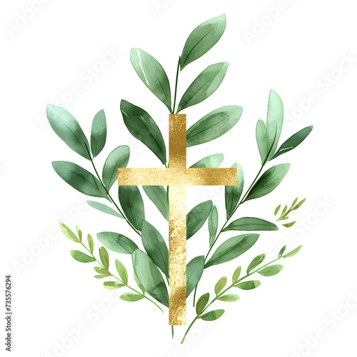 Golden christian cross with green leaves isolated on white background. Happy Easter holiday. Christian awakening life symbol. Religious concept. Design for banner, greeting card, poster, invitation