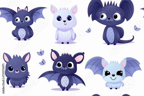 Cute animals with bat wings and butterflies white background tile