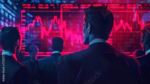 People in suits from the back watching the price increase on the stock exchange monitor 