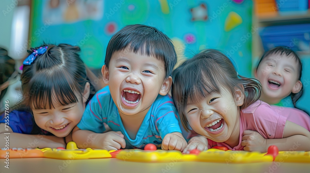  Children Playing Happily and Laughing Constantly in Kindergarten, Generative AI
