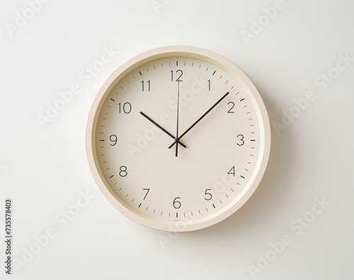 A white clock hanging on a white wall.