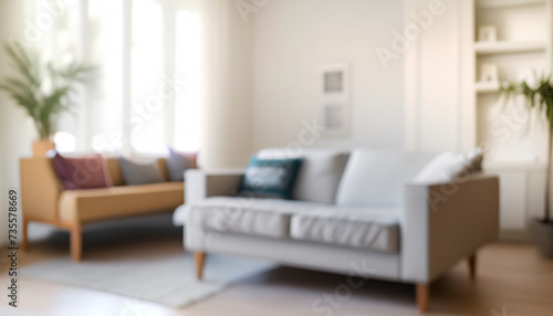 Blurred view of light living room with sofa and soft bench © Uuganbayar