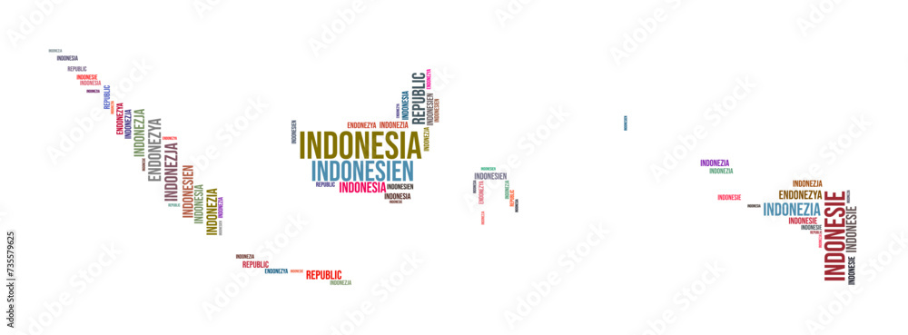 Indonesia country shape word cloud. Typography style country illustration. Indonesia image in text cloud style. Vector illustration. Indonesia country shape word cloud. Typography style country illustration. Indonesia image in text cloud style. Vector illustration.