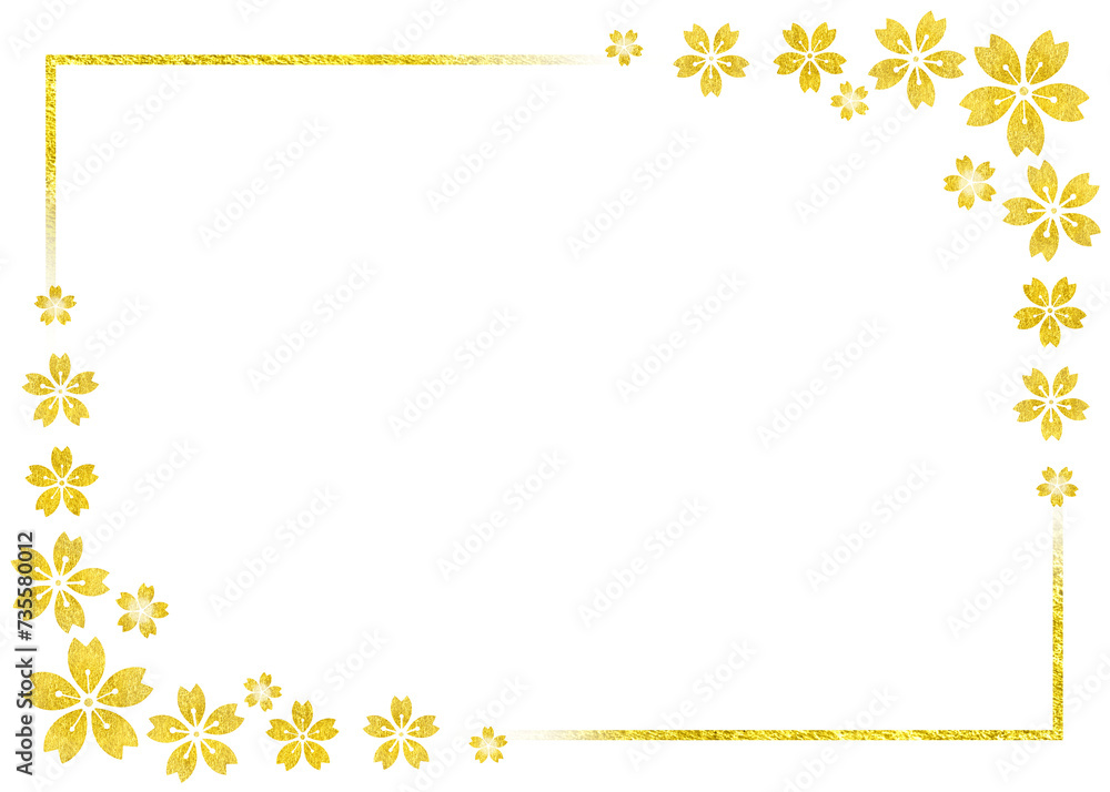 金箔の桜のフレーム　飾り枠　飾り罫　背景素材　囲み　見出し　キラキラ　高級感　エレガント　シンプル　和風　年賀　白背景　透過
