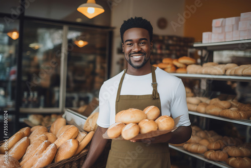 Baker holding bread in artisan bakery  shelves of bread in background
