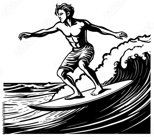 An illustration of a man surfing on a wave.