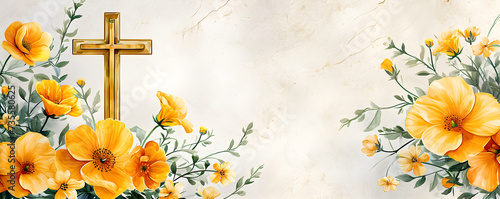 Christian cross with yellow spring flowers on beige background. Happy Easter holiday. Christian awakening life symbol. Religious concept. Design for banner, greeting card, poster, invitation photo