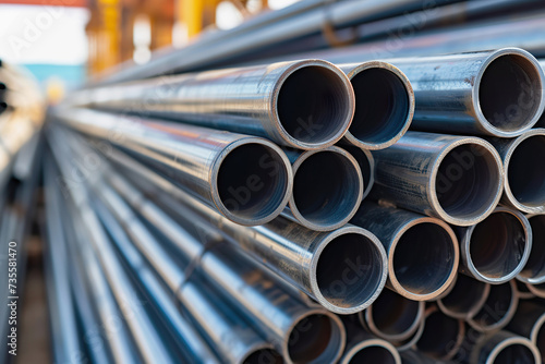 Steel pipes in warehouse or factory, close up