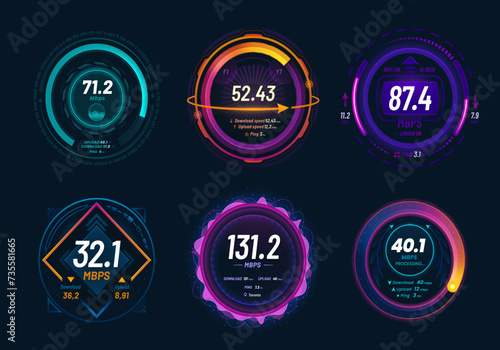 Internet speed test and 5G speedometer dashboard, futuristic digital neon dials, vector gauge. Internet traffic fast test meter of digital network and website connection for download or upload Mbps photo