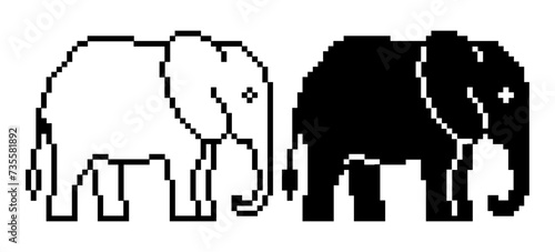 side view pixel art elephant icon set