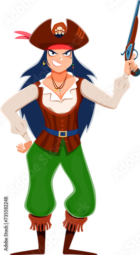 Cartoon woman pirate captain or corsair sailor character with pistol, vector personage. Angry woman pirate filibuster in tricorne hat with skull crossbones and musket pistol gun of Caribbean adventure
