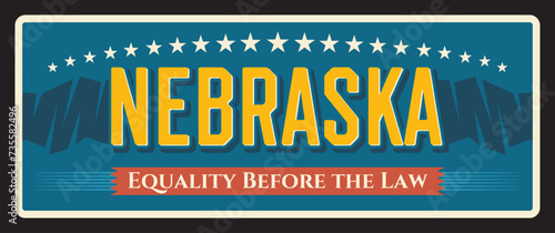 USA Nevada vintage vector sign. Old greeting banner and postcard design, Lincoln capital, Omaha city. American state travel and tourism destination plate, equality before the law lettering