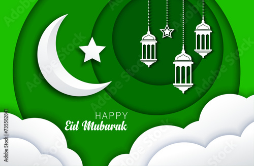 Eid Mubarak, Ramadan Kareem green paper cut greetings with crescent moon, Arabian lanterns and sky clouds for holiday vector background. Happy Ramadan Kareem and Eid Mubarak in paper cut layers