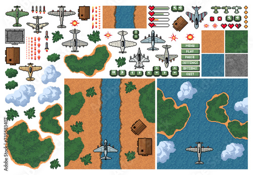 8bit pixel arcade game of fight plane, 2D top view of flight bomber and fighter plane, vector elements. Air flight landscape environment, health and life symbols for air combat game in 8 bit pixels