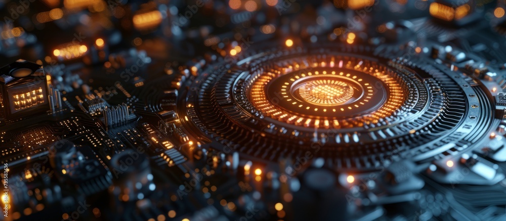 Close-up view of illuminated circuit board with electronic light, technology and innovation concept Close-up view of illuminated circuit board with electronic light, technology and innovation concept