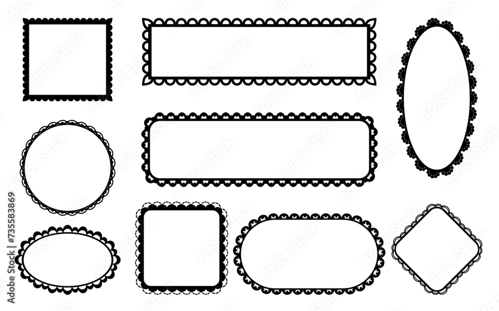 Scallop lace edge frames or borders, frill ribbons with fabric ornament pattern, vector set. Scallop pattern frames square and round or oval and rectangle with vintage floral cutout or wavy paper cut Scallop lace edge frames or borders, frill ribbons with fabric ornament pattern, vector set. Scallop pattern frames square and round or oval and rectangle with vintage floral cutout or wavy paper cut