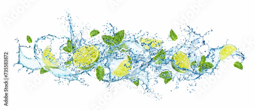 Long water wave flow splash with lime fruit and mint leaves, realistic vector background. Mojito drink spill flow or citrus soda water splash with lime fruits, mint leaf in explosion of water wave