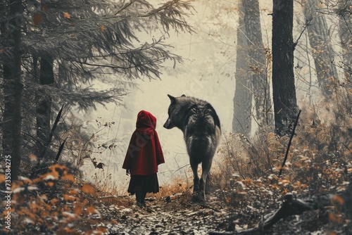 Little Red Riding Hood and Wolf in Enchanted Forest photo