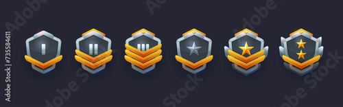 Military game achievement badges or soldier rank stars and medal awards, vector icons. Military army game level achievement signs, chevrons or shoulder marks with golden stars and ranking stripes photo