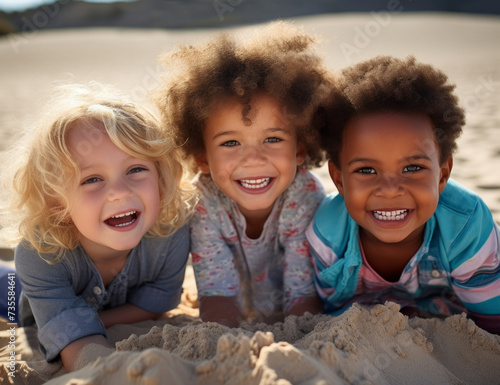 Close-up of three multi-ethnic toddler boys having fun playing in the sand together at the beach.  They are looking at the camera and smiling. photo