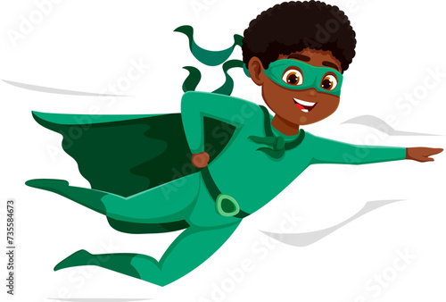 Cartoon kid superhero character. Isolated vector black, lively, flying boy in a green superhero costume, exudes youthful energy with a cape fluttering in the wind, ready for imaginative adventures