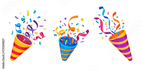Birthday party popper cone firecracker with confetti and ribbons, cartoon vector icons. Holiday, carnival or festival and celebration pop cracker or party popper cone with stripes and stars confetti