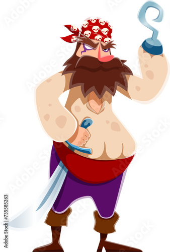 Cartoon pirate captain or corsair sailor character with hook hand, vector personage. Angry man pirate filibuster with beard in bandanna with skull crossbones and saber sword for Caribbean adventure