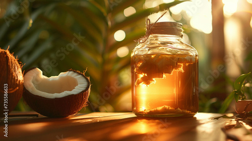 A large glass jar of radiant high quality coconut oil illuminated by warm sunlight photo