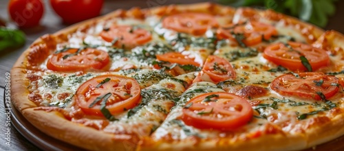 Delicious homemade pizza with fresh tomatoes and melted cheese, ready to eat and enjoy with friends and family