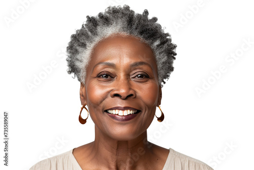 Happy middle aged mature black woman, senior older 50 year lady looking at camera touching her face isolated on white close up face portrait PNG © JetHuynh