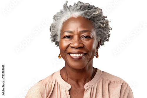Happy middle aged mature black woman, senior older 50 year lady looking at camera touching her face isolated on white close up face portrait PNG © JetHuynh