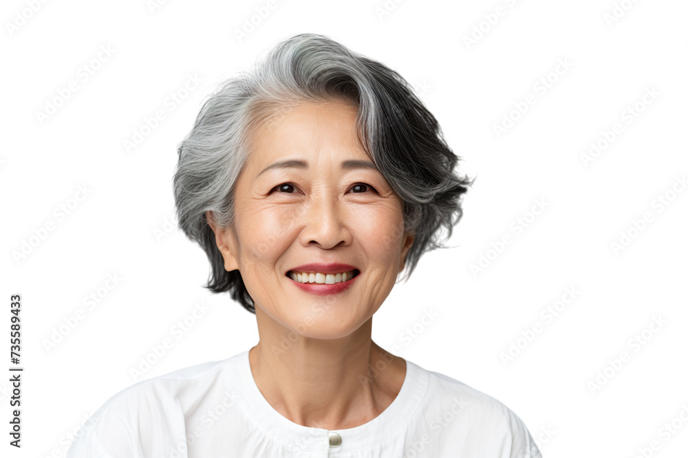 Happy middle aged mature asian woman, senior older 50 year lady looking at camera touching her face isolated on white close up face portrait PNG Happy middle aged mature asian woman, senior older 50 year lady looking at camera touching her face isolated on white close up face portrait PNG