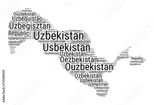 Black and white word cloud in Uzbekistan shape. Simple typography style country illustration. Plain Uzbekistan black text cloud on white background. Vector illustration.