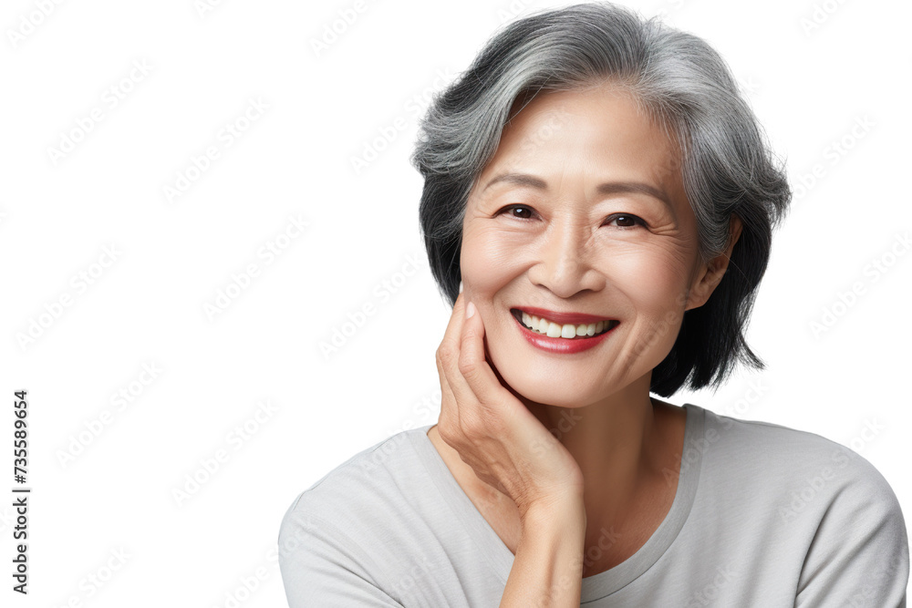Happy middle aged mature asian woman, senior older 50 year lady looking at camera touching her face isolated on white close up face portrait PNG Happy middle aged mature asian woman, senior older 50 year lady looking at camera touching her face isolated on white close up face portrait PNG